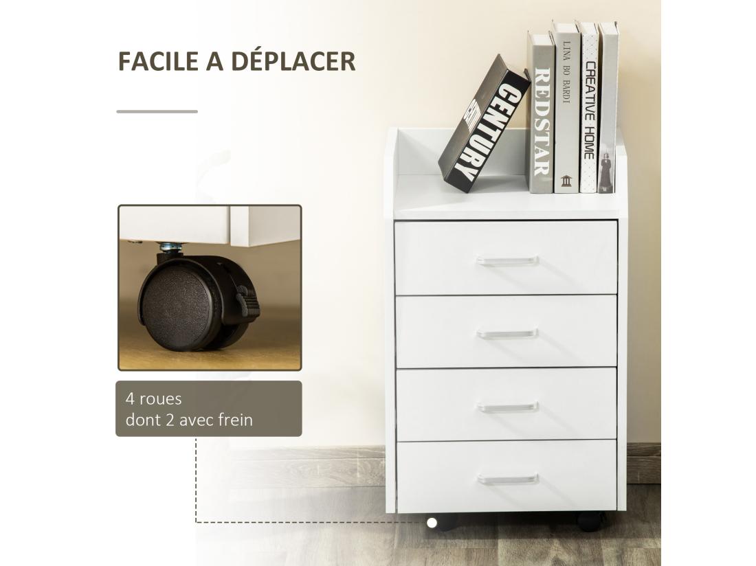 Vente Unique Vinsetto Caisson De Bureau Rangement Bureau Sur Roulettes 4 Tiroirs Coulissants Plateau à Rebord MDF Panneaux Particules Blanc