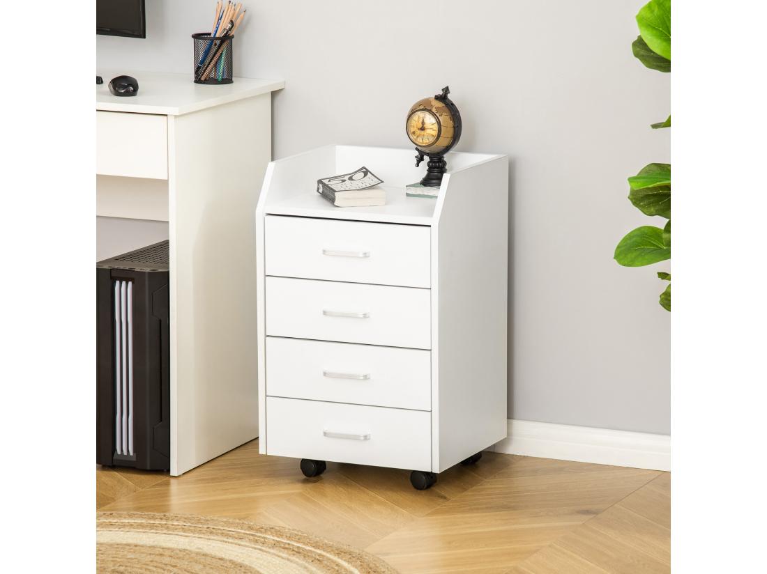 vente unique Vinsetto Caisson de bureau rangement bureau sur roulettes 4 tiroirs coulissants plateau à rebord MDF panneaux particules blanc