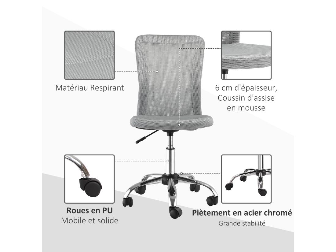 Vente Unique Vinsetto Chaise De Bureau Ergonomique Hauteur Réglable Piètement Chromé Pivotant 360° Revêtement Maille Gris