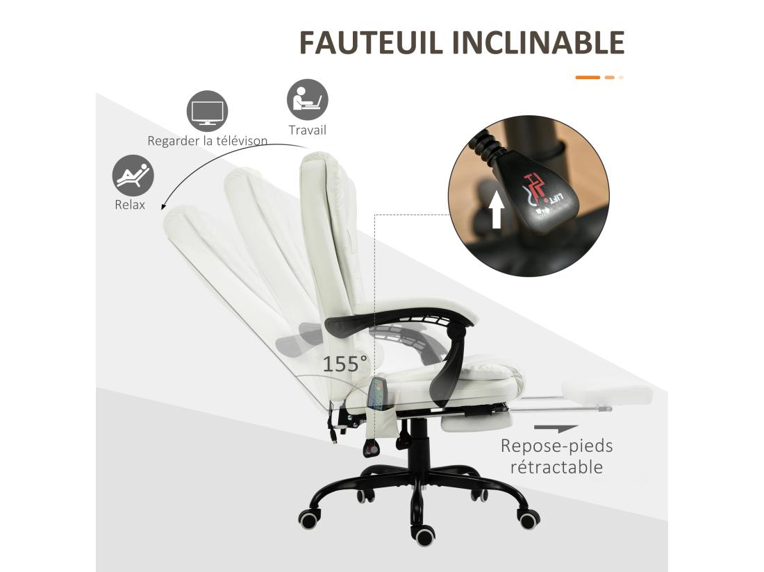 Vente Unique Vinsetto Fauteuil De Bureau Direction Massant Hauteur Réglable Dossier Inclinable Repose-pied + Coussin Lombaires Intégrés Revêtement Synthétique Blanc