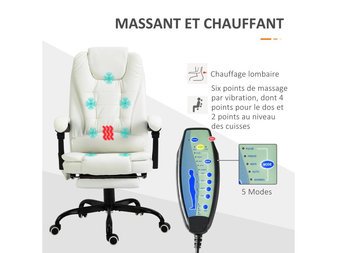 Vente Unique Vinsetto Fauteuil De Bureau Direction Massant Hauteur Réglable Dossier Inclinable Repose-pied + Coussin Lombaires Intégrés Revêtement Synthétique Blanc