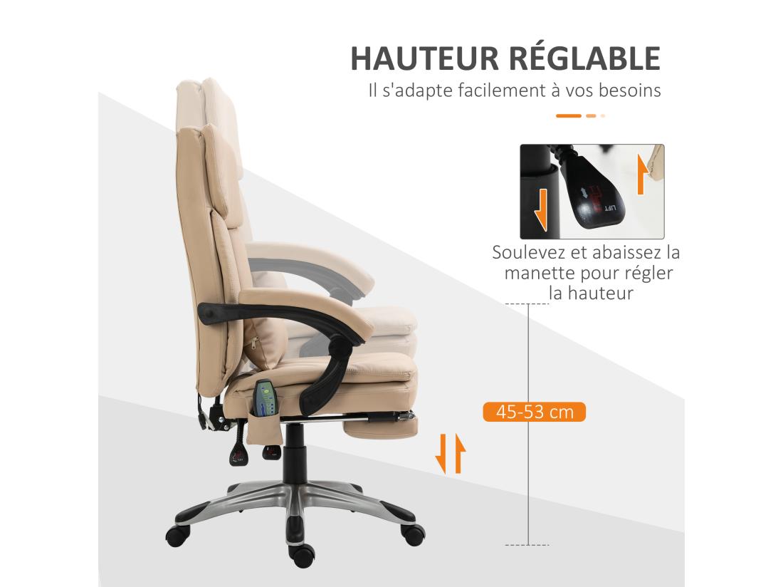 Vente Unique Vinsetto Fauteuil De Bureau Direction Massant Hauteur Réglable Dossier Inclinable Repose-pied Coussin Lombaires Revêtement Synthétique Beige