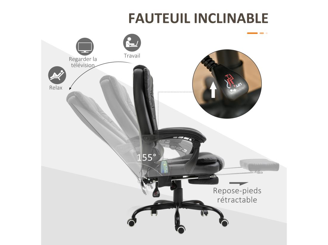 Vente Unique Vinsetto Fauteuil De Bureau Direction Massant Hauteur Réglable Dossier Inclinable Repose-pied + Coussin Lombaires Intégrés Revêtement Synthétique Noir