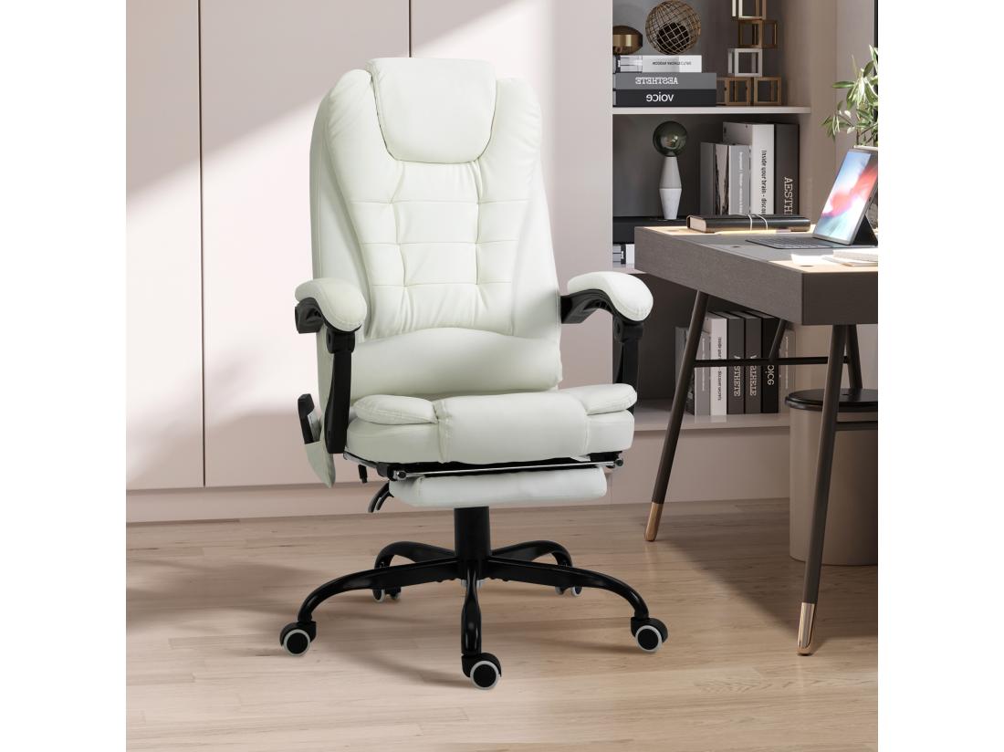 vente unique Vinsetto Fauteuil de bureau direction massant hauteur réglable dossier inclinable repose-pied + coussin lombaires intégrés revêtement synthétique blanc