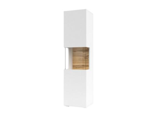 vente unique Vitrine 1 porte partiellement vitrée collection EVA. Couleur blanc et chêne