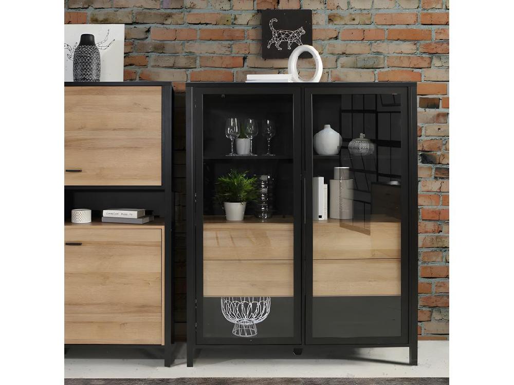 vente unique Vitrine 121 cm 2 portes 4 tiroirs décor bois de chêne et noir - MODE