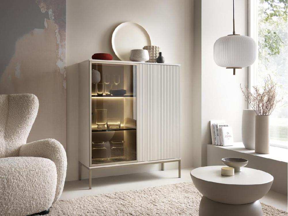 vente unique Vitrine 2 portes avec LEDs en MDF et verre fumé - Beige et noir - OVILA