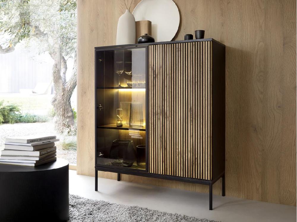 vente unique Vitrine 2 portes avec LEDs en MDF et verre fumé - Noir et Naturel - OVILA