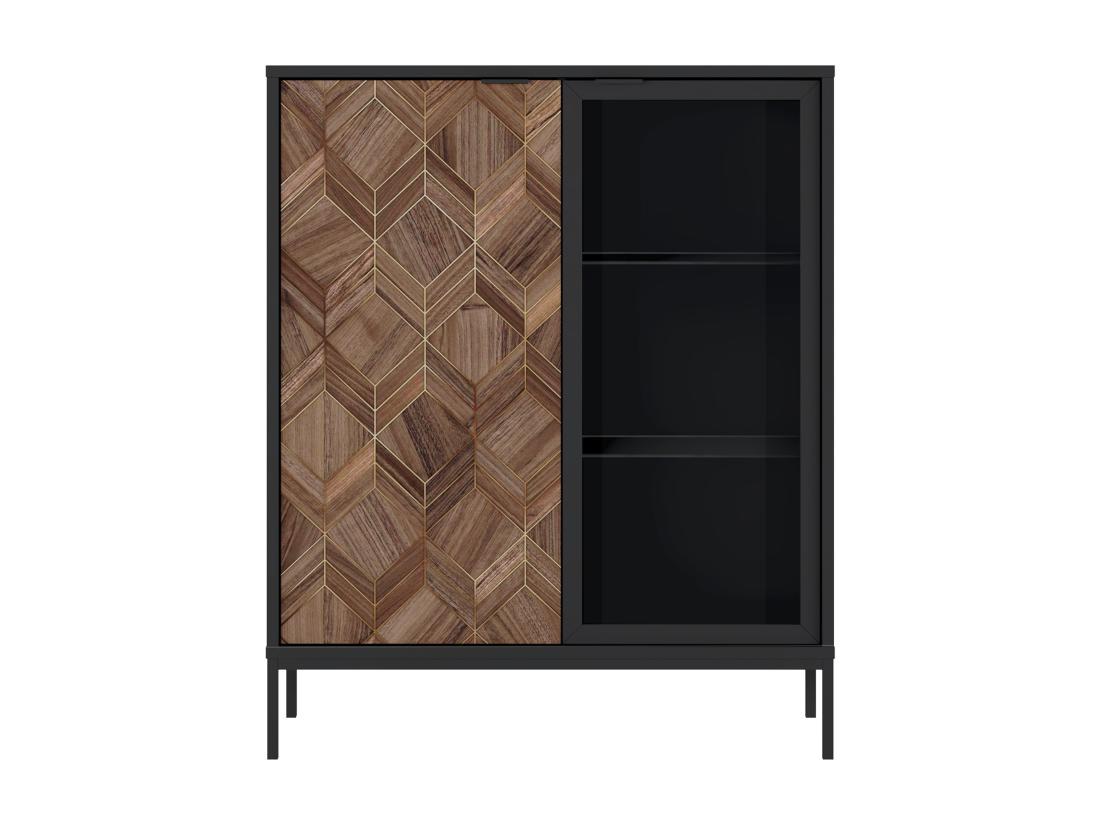 Vente Unique Vitrine 2 Portes Avec LEDs - Noir Et Naturel Foncé - MIALINE