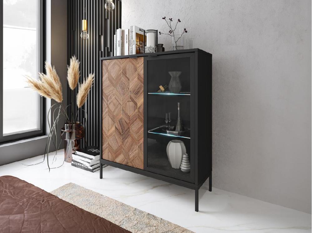 vente unique Vitrine 2 portes avec LEDs - Noir et Naturel foncé - MIALINE