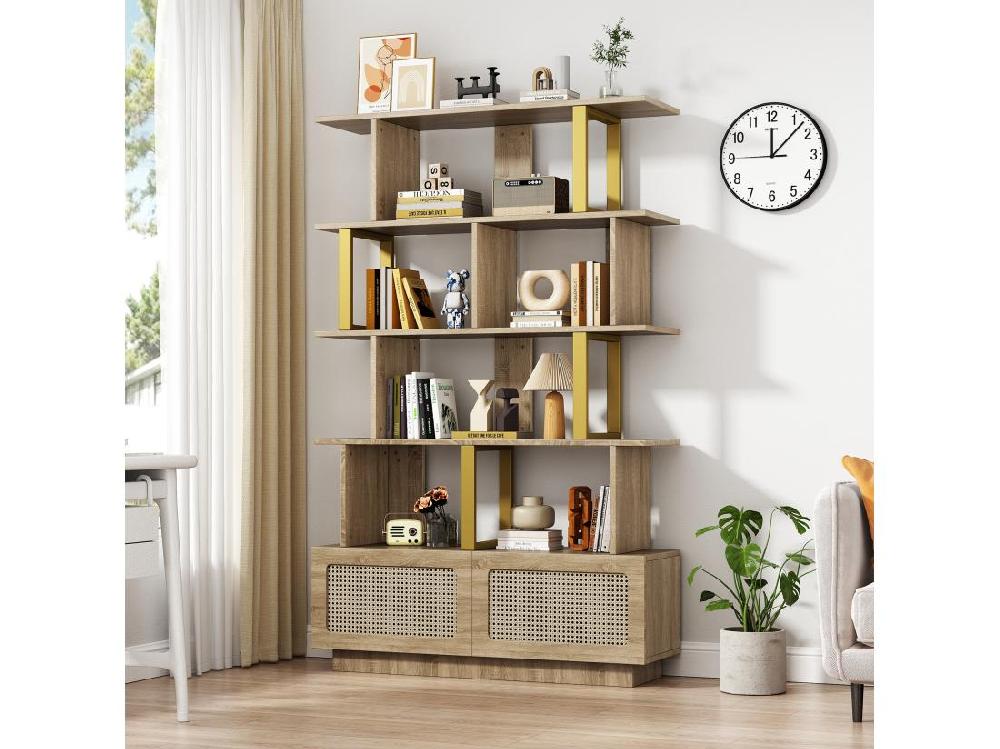 vente unique Vitrine - 2 portes en rotin + étagères ouvertes - Naturel