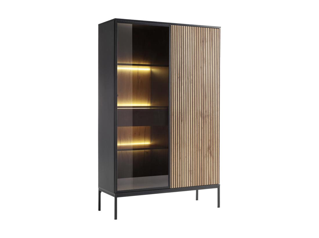 Vente Unique Vitrine 2 Portes Et 1 Tiroir Avec LEDs En MDF Et Verre Fumé - Noir Et Naturel - OVILA