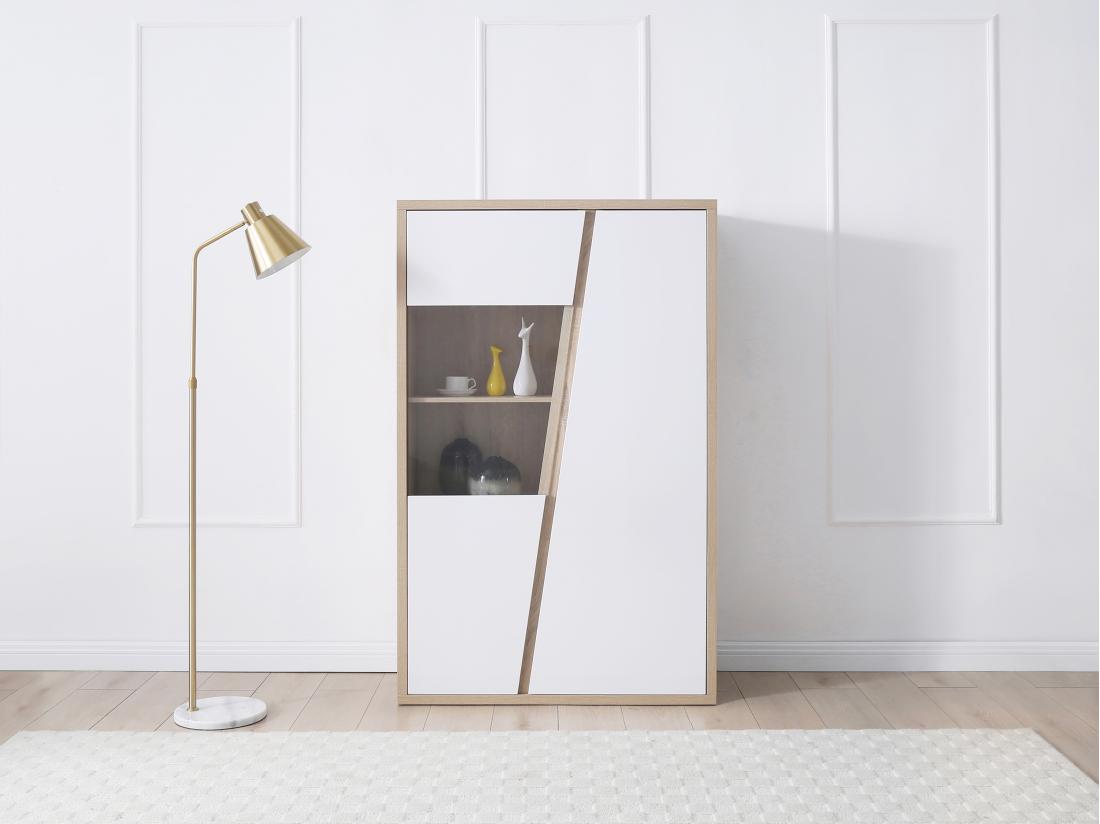 Vente Unique Vitrine 2 Portes Et 2 Niches Avec LEDs - Blanc Et Naturel - ZAOTI