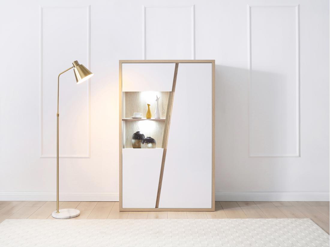 vente unique Vitrine 2 portes et 2 niches avec LEDs - Blanc et naturel - ZAOTI