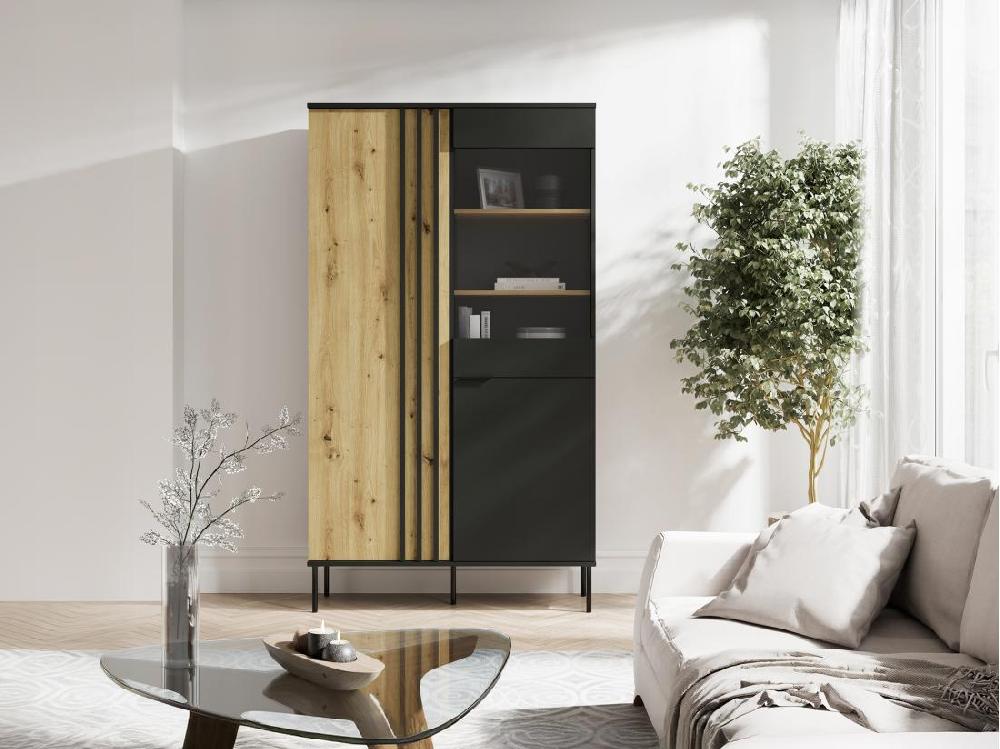 Vente Unique Vitrine 2 Portes Et 3 Niches Avec LEDs - Noir Et Naturel - TUNALO