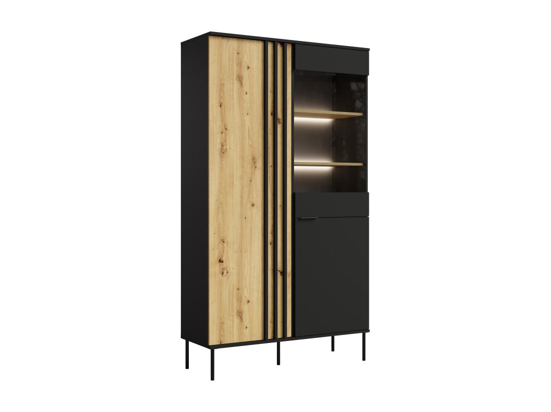 Vente Unique Vitrine 2 Portes Et 3 Niches Avec LEDs - Noir Et Naturel - TUNALO