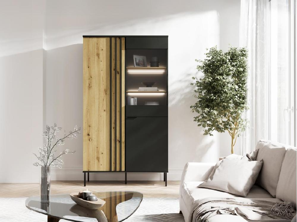 vente unique Vitrine 2 portes et 3 niches avec LEDs - Noir et naturel - TUNALO