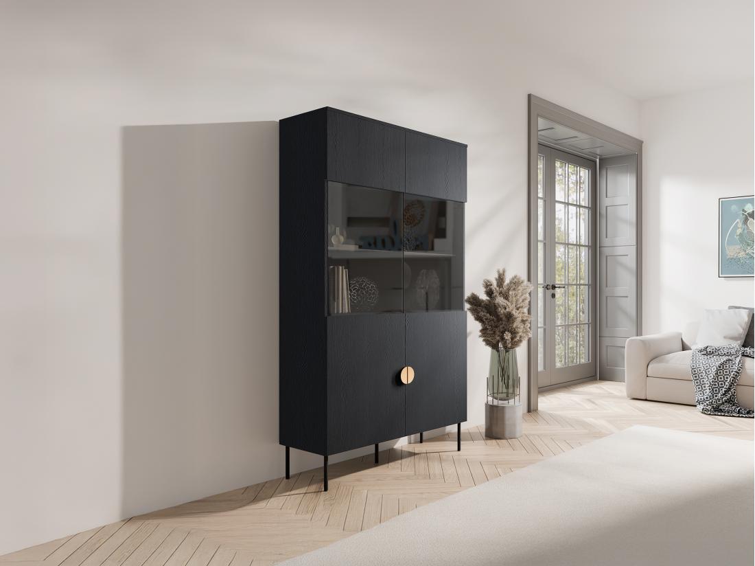 Vente Unique Vitrine 2 Portes Et 4 Niches Avec LEDs - Noir Et Doré - NATANIEL