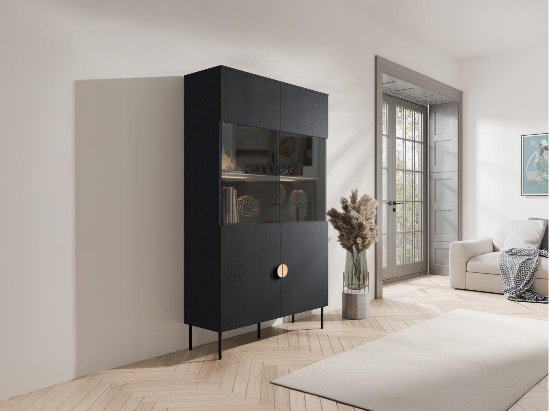 vente unique Vitrine 2 portes et 4 niches avec LEDs - Noir et doré - NATANIEL