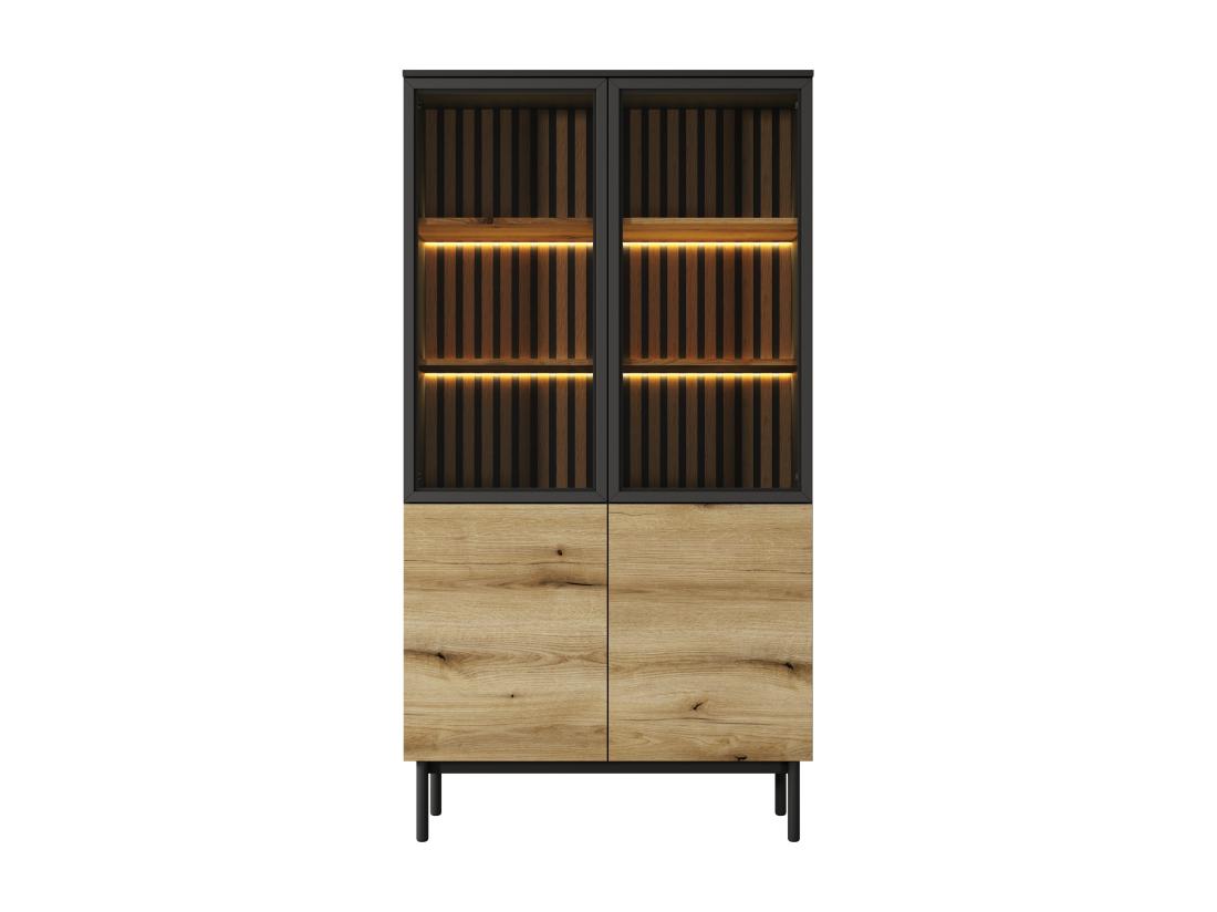 Vente Unique Vitrine 4 Portes Avec LEDs - Naturel Et Noir - LABENIA