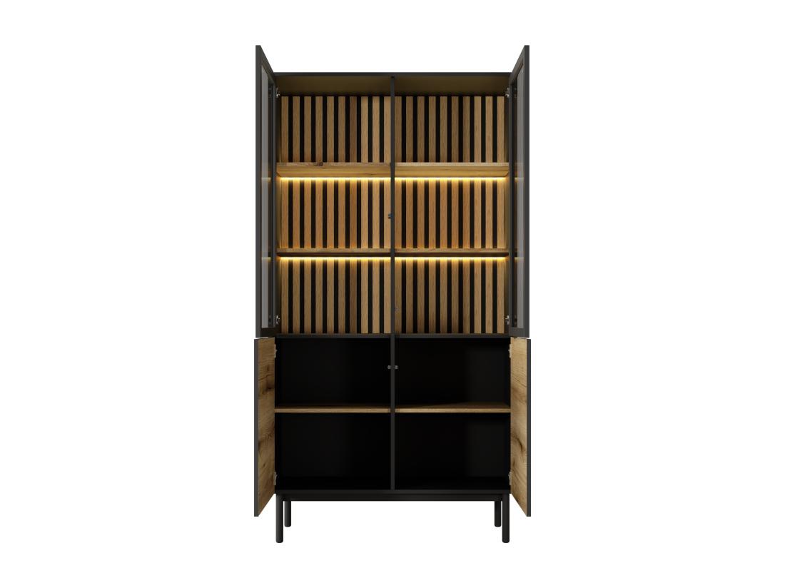 Vente Unique Vitrine 4 Portes Avec LEDs - Naturel Et Noir - LABENIA