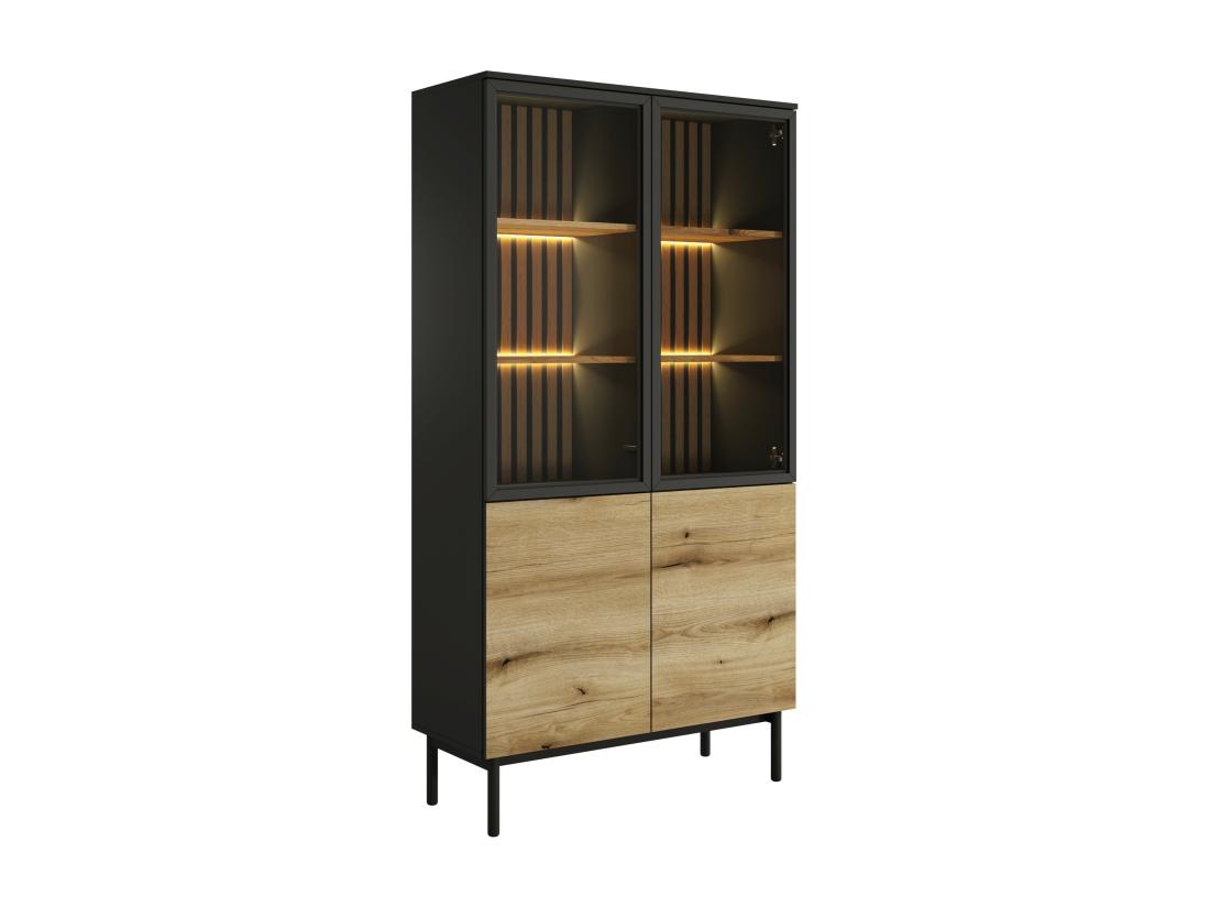 Vente Unique Vitrine 4 Portes Avec LEDs - Naturel Et Noir - LABENIA