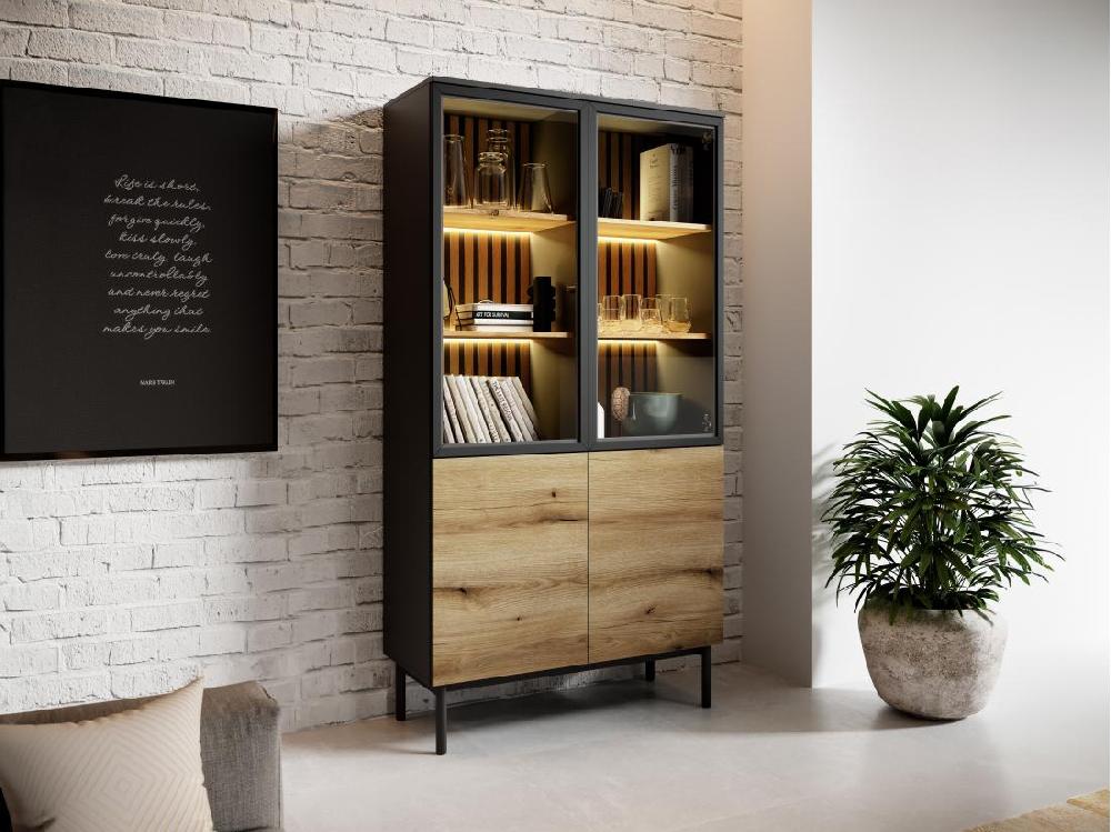 vente unique Vitrine 4 portes avec LEDs - Naturel et noir - LABENIA