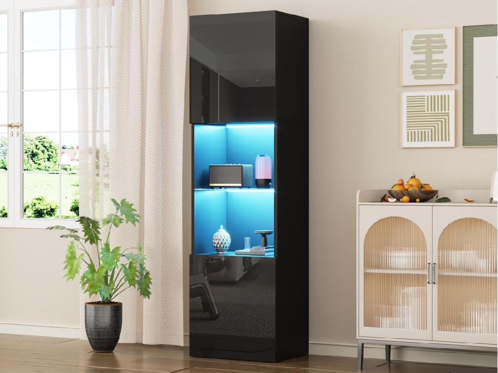 vente unique Vitrine 45x35x160cm - avec 2 ports - avec éclairage LED - 1 étagère en verre - noir