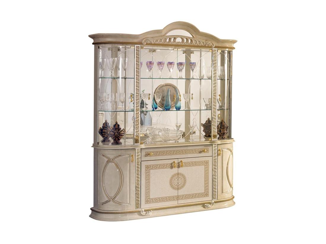Vente Unique Vitrine 8 Portes 1 Tiroir Bois Vernis Laqué Brillant Beige Et Doré Venus 163cm