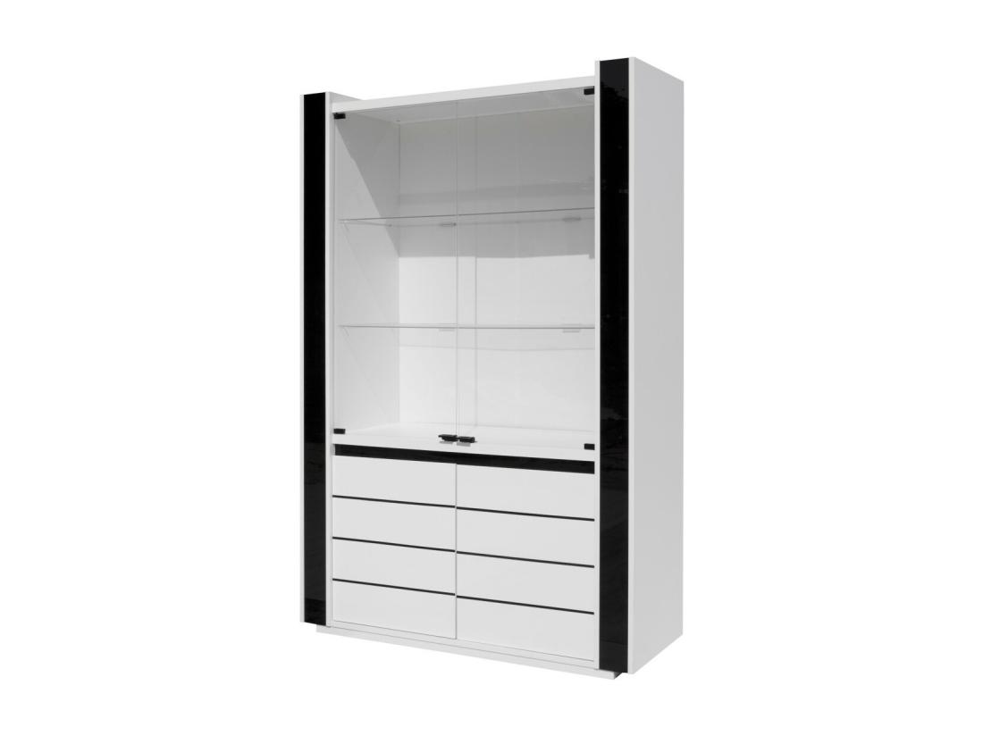 vente unique Vitrine / argentier / vaisselier LINA coloris blanc avec façades blanches et noires brillantes – 120 x 185 x 45 cm