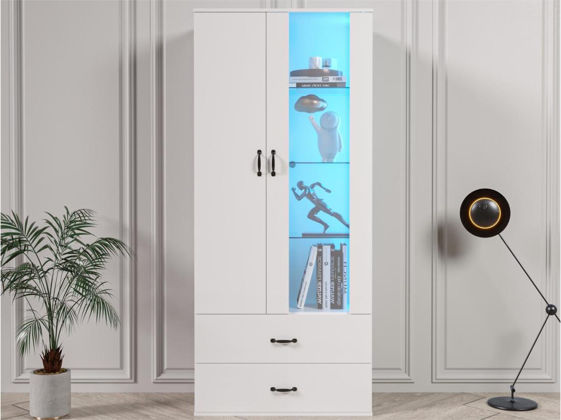 Vente Unique Vitrine Avec 2 Porte Et 2 Tiroirs Et LED - Hauteur 180cm - Blanc
