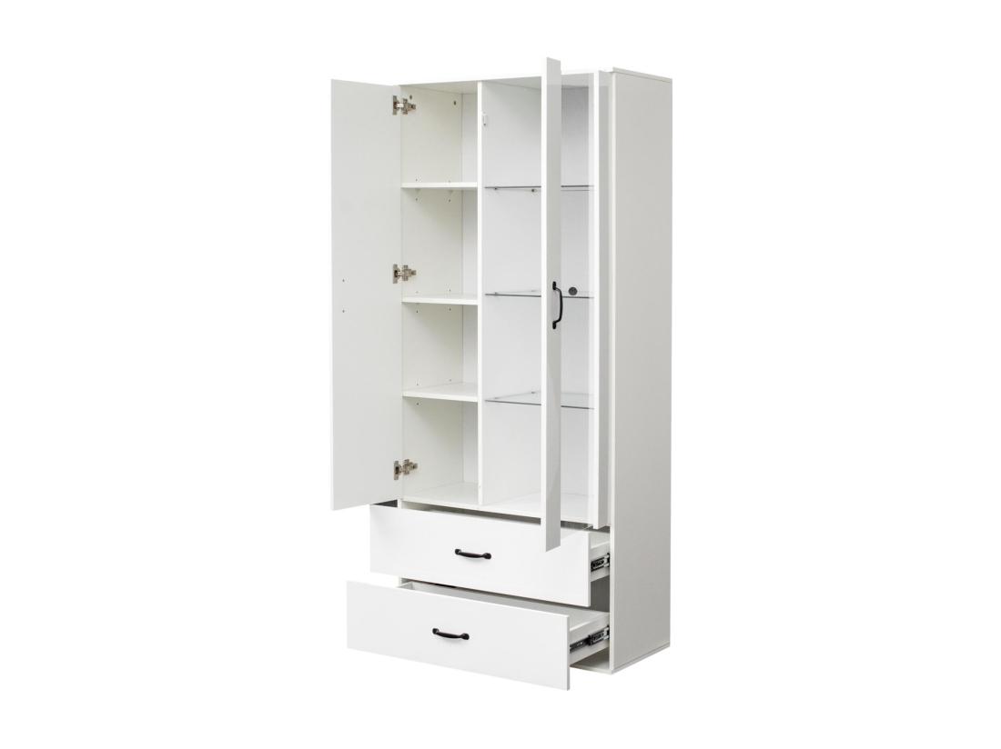Vente Unique Vitrine Avec 2 Porte Et 2 Tiroirs Et LED - Hauteur 180cm - Blanc