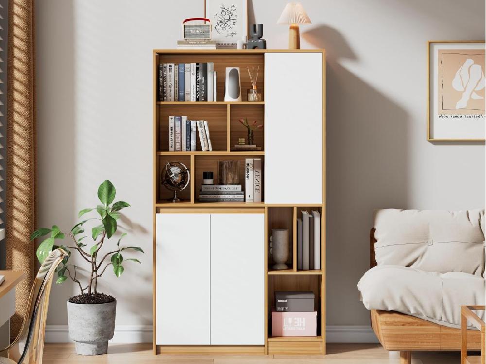 vente unique Vitrine avec 3 portes et étagères réglables - panneaux de particules - Naturel & Blanc