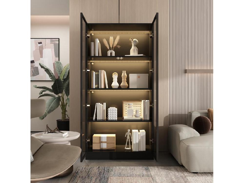 Vente Unique Vitrine Avec LED Et Portes En Verre Meuble De Rangement En Verre Debout Avec 4 étagères Design Pop-up 80x40x160cm Noir