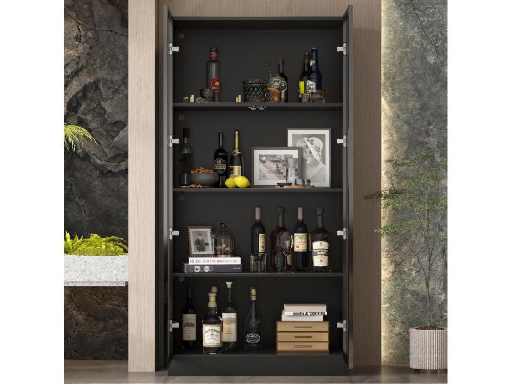 Vente Unique Vitrine Avec LED Et Portes En Verre Meuble De Rangement En Verre Debout Avec 4 étagères Design Pop-up 80x40x160cm Noir