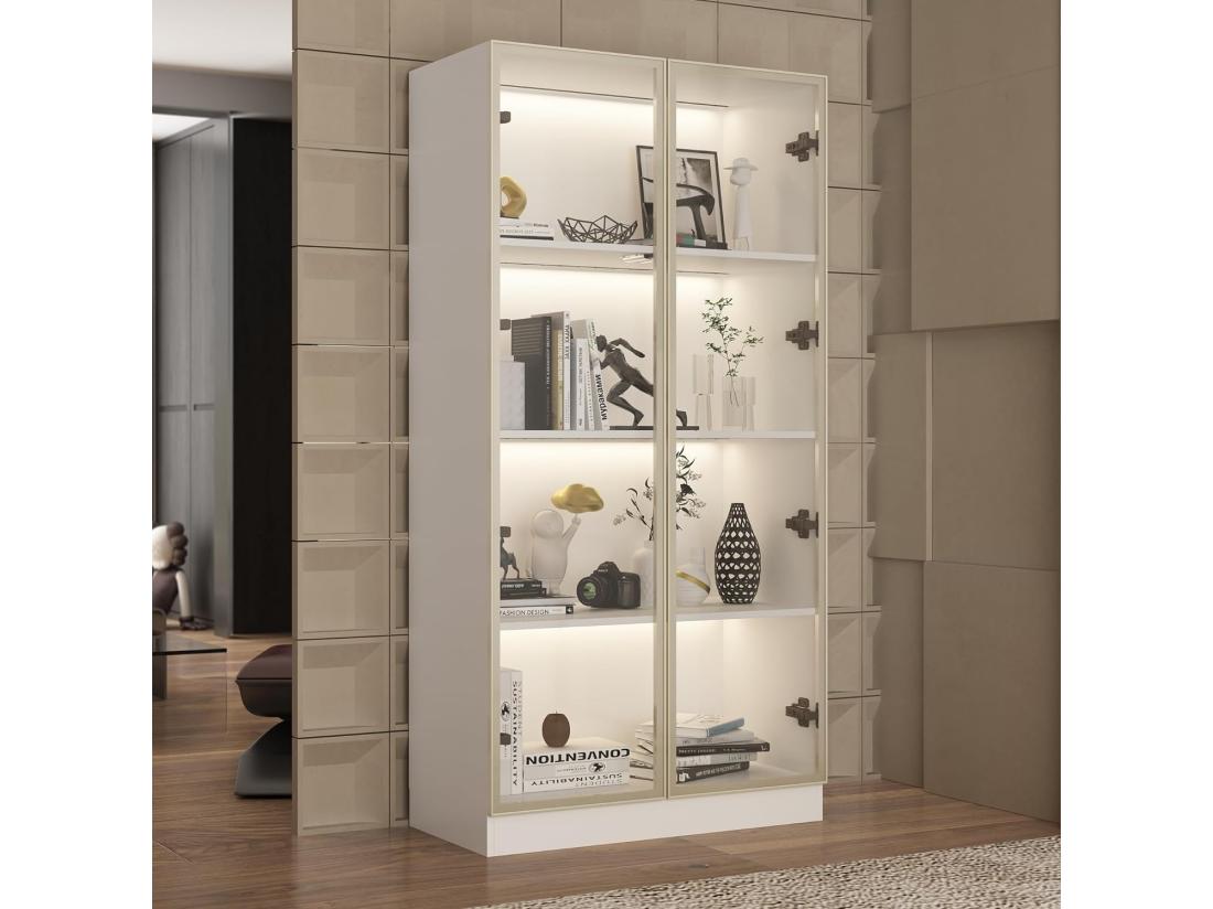 Vente Unique Vitrine Avec LED Et Portes En Verre Meuble De Rangement En Verre Debout Avec 4 étagères Design Pop-up 80x40x160cm Blanche