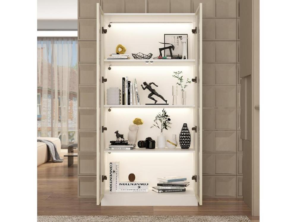 vente unique Vitrine avec LED et Portes en Verre Meuble de Rangement en Verre Debout avec 4 étagères Design Pop-up 80x40x160cm Blanche