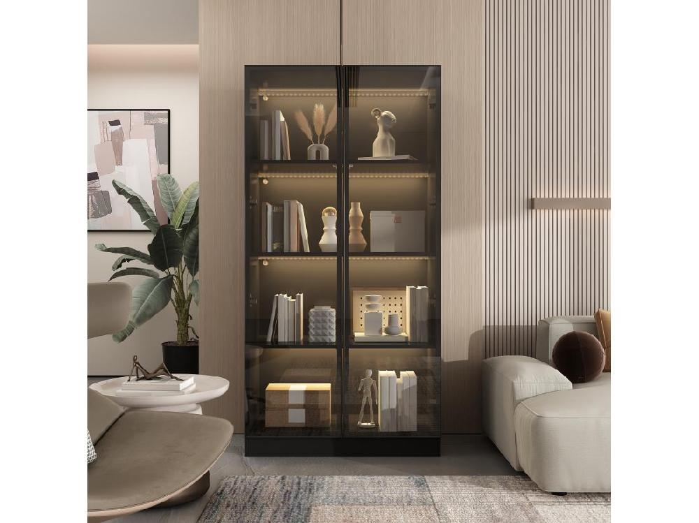vente unique Vitrine avec LED et Portes en Verre Meuble de Rangement en Verre Debout avec 4 étagères Design Pop-up 80x40x160cm Noir