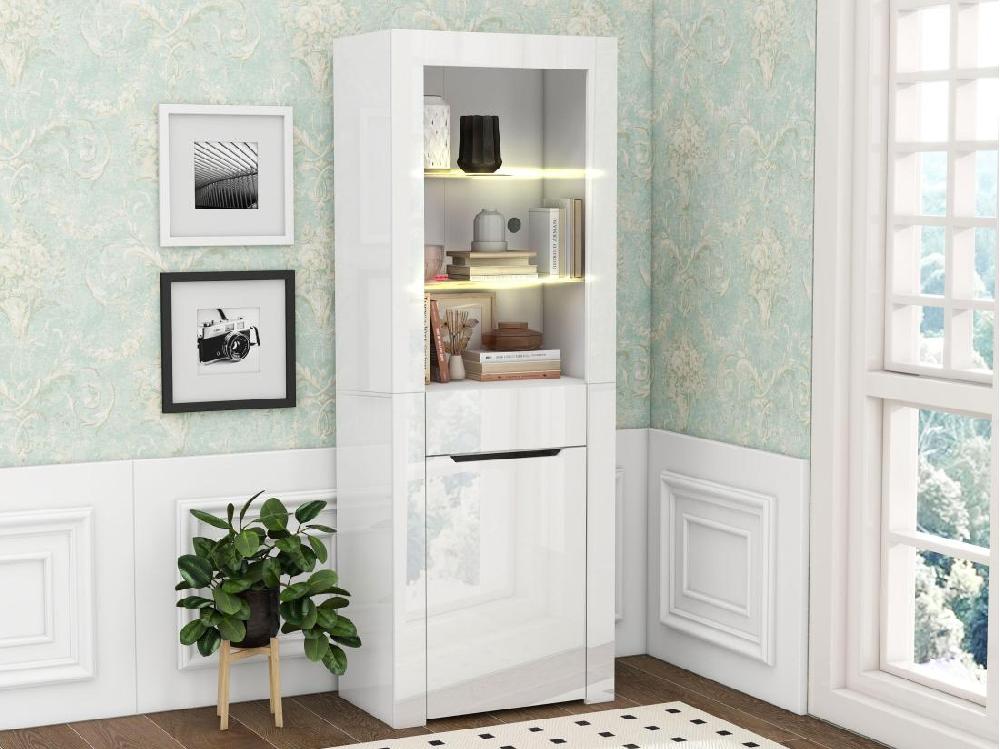 Vente Unique Vitrine Avec Porte + Tiroir + LED - Hauteur 165cm - Blanc