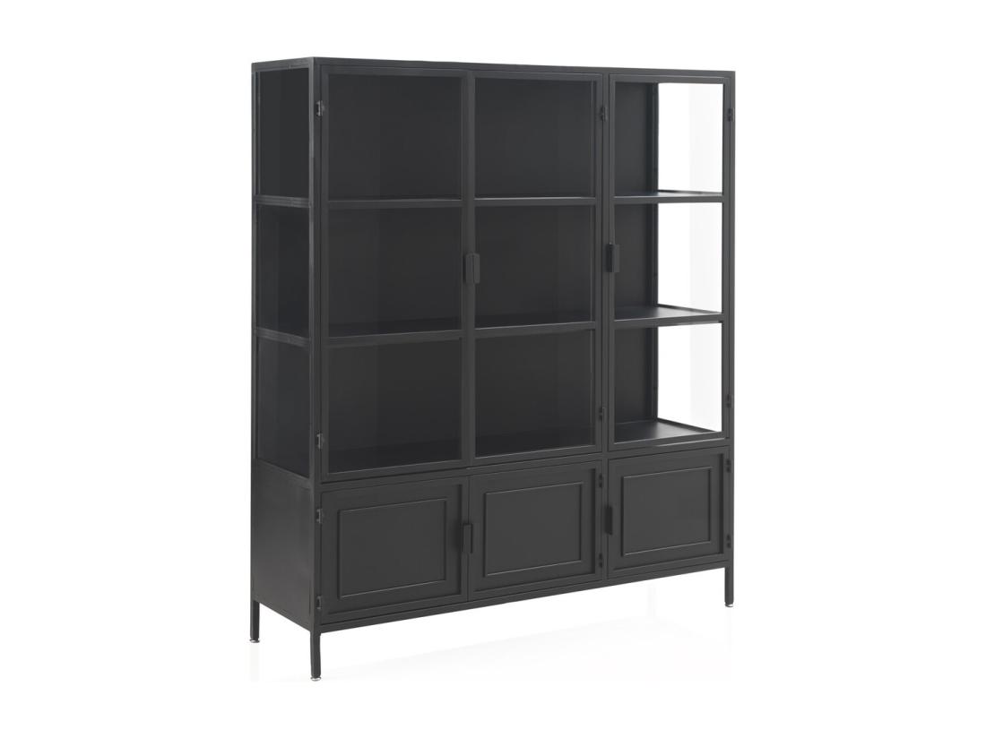 vente unique Vitrine avec portes et côtés en verre et structure en métal noir