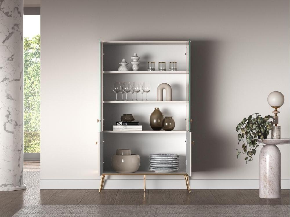 Vente Unique Vitrine Basse - 4 Porte - Grège Avec Pieds Dorés - SELGIN