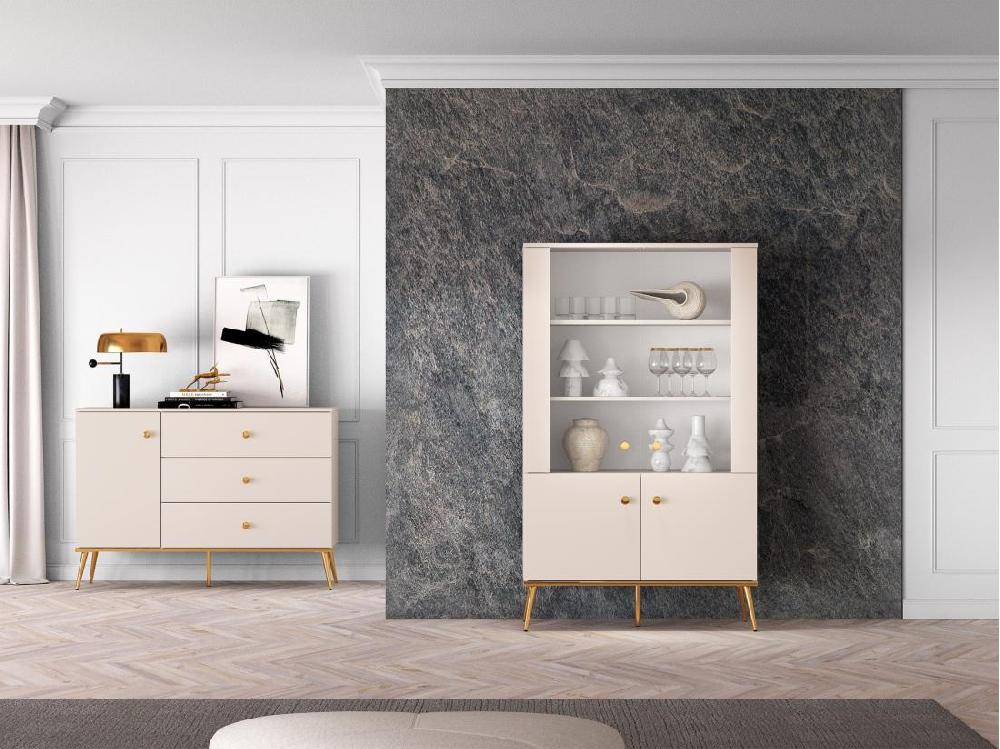 vente unique Vitrine basse - 4 porte - Grège avec pieds dorés - SELGIN