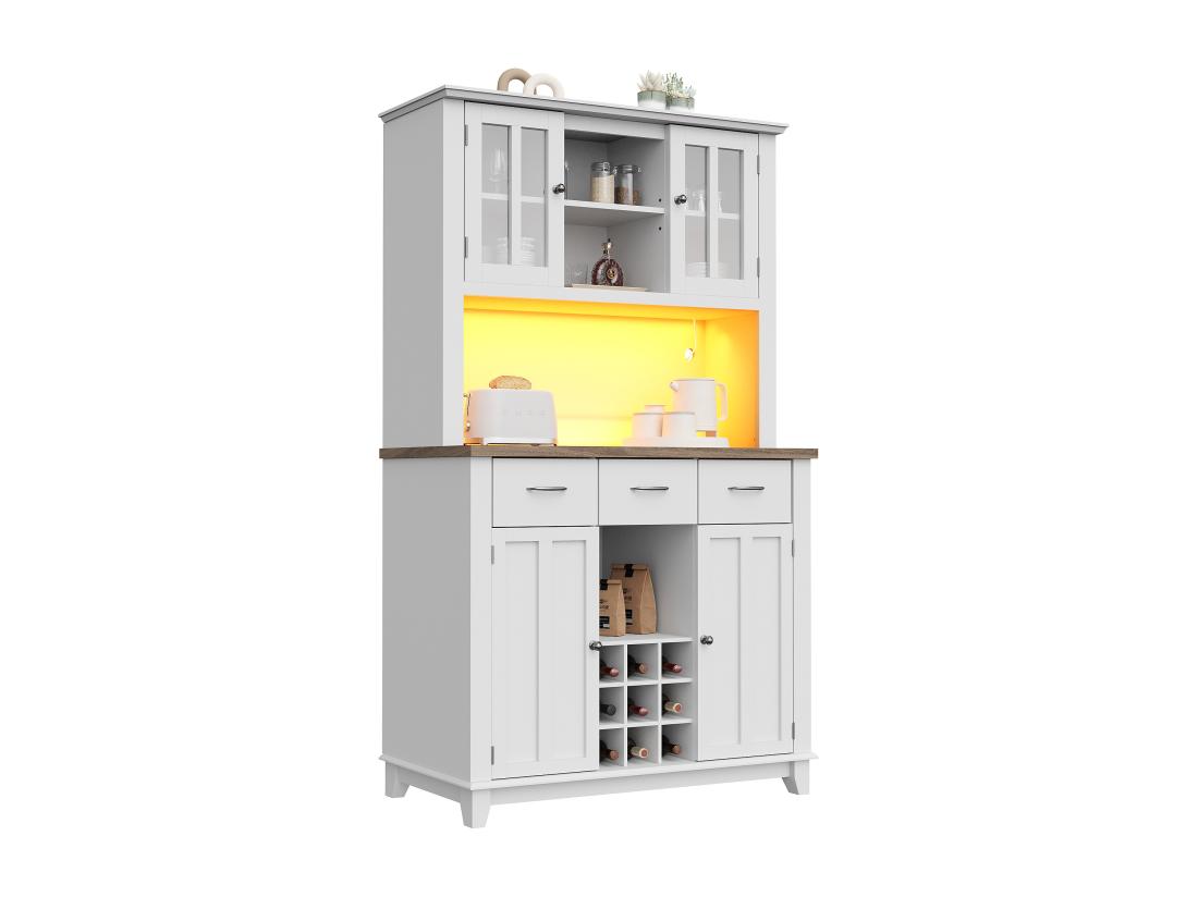 Vente Unique Vitrine、Buffet De Cuisine Avec LED - H 180cm - Grand Espace De Rangement - Blanc