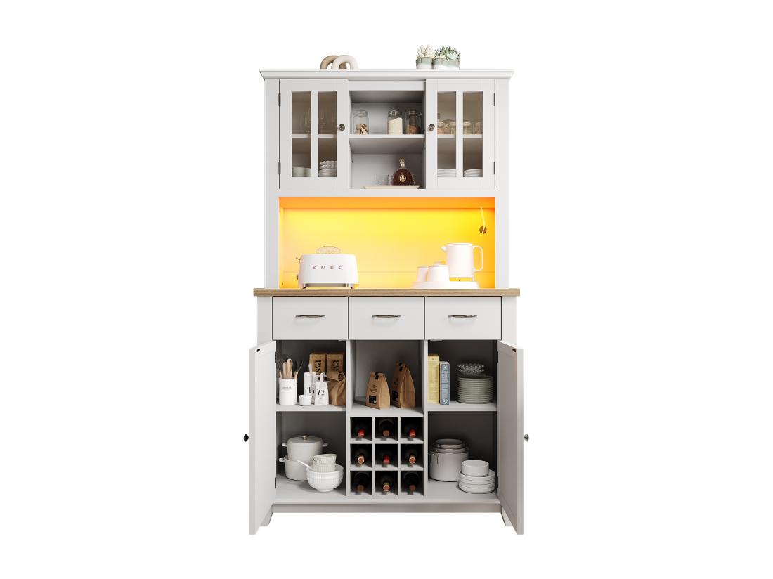 Vente Unique Vitrine、Buffet De Cuisine Avec LED - H 180cm - Grand Espace De Rangement - Blanc