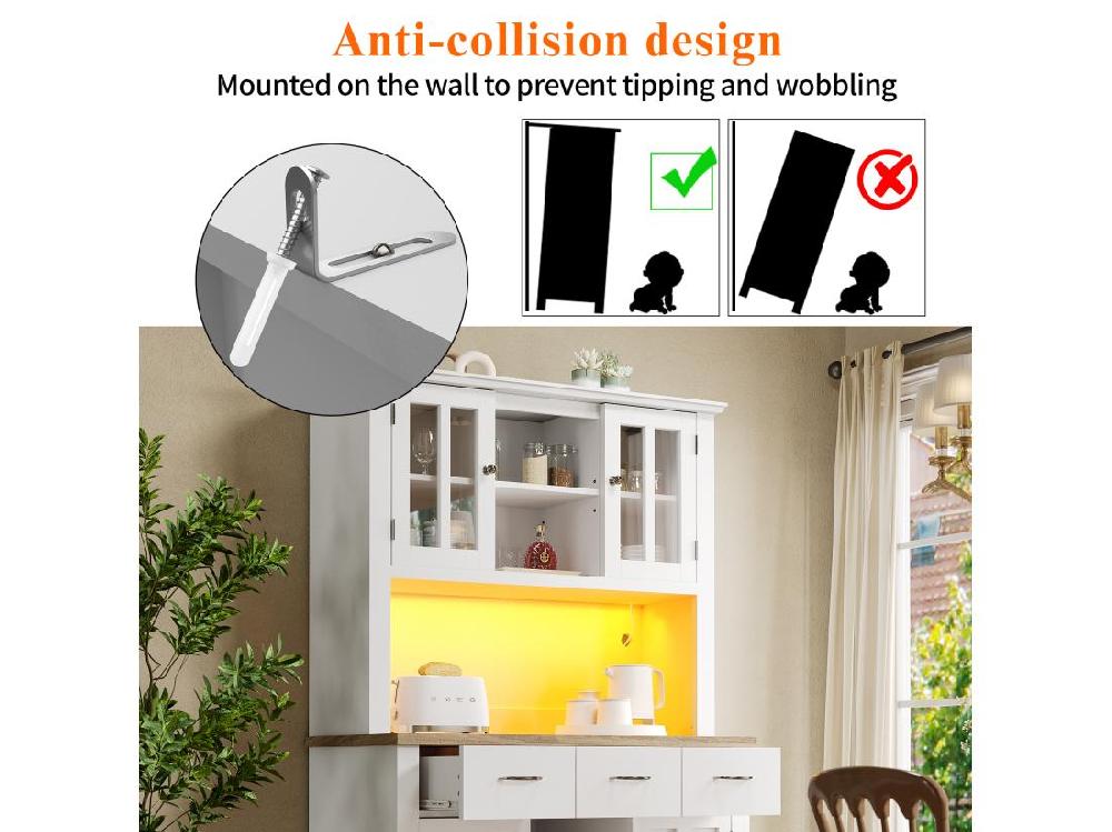 Vente Unique Vitrine、Buffet De Cuisine Avec LED - H 180cm - Grand Espace De Rangement - Blanc