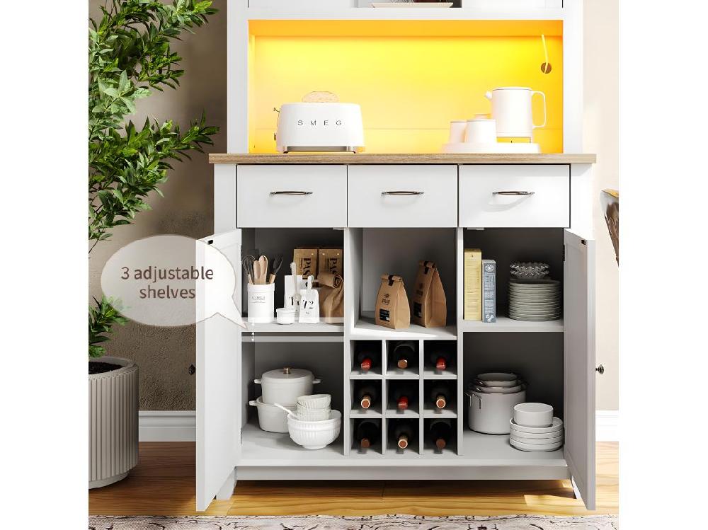 vente unique Vitrine、Buffet de cuisine avec LED - H 180cm - grand espace de rangement - Blanc
