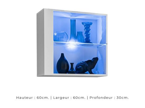 Vente Unique Vitrine Carrée Suspendue – Blanc – Collection SWITCH – Porte Vitrée Et LED Inclus – Design Moderne