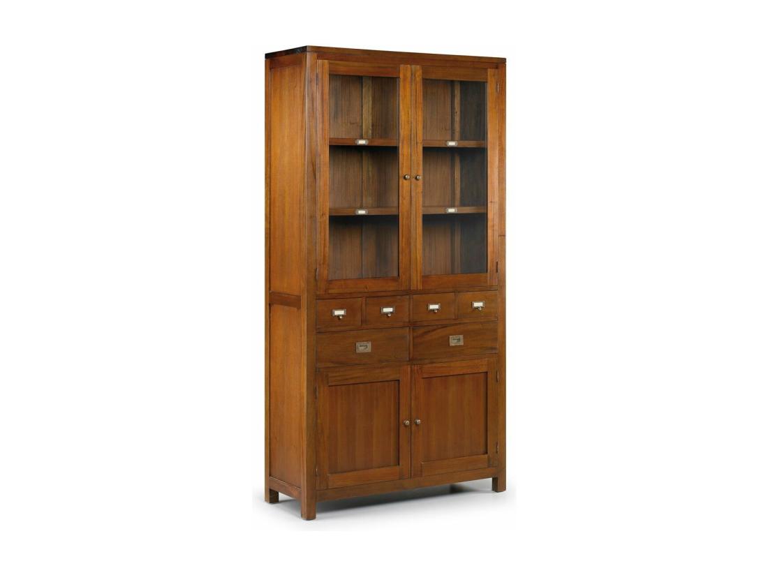 vente unique Vitrine coloniale 4 portes 6 tiroirs en bois d'acajou massif Falkane 105cm