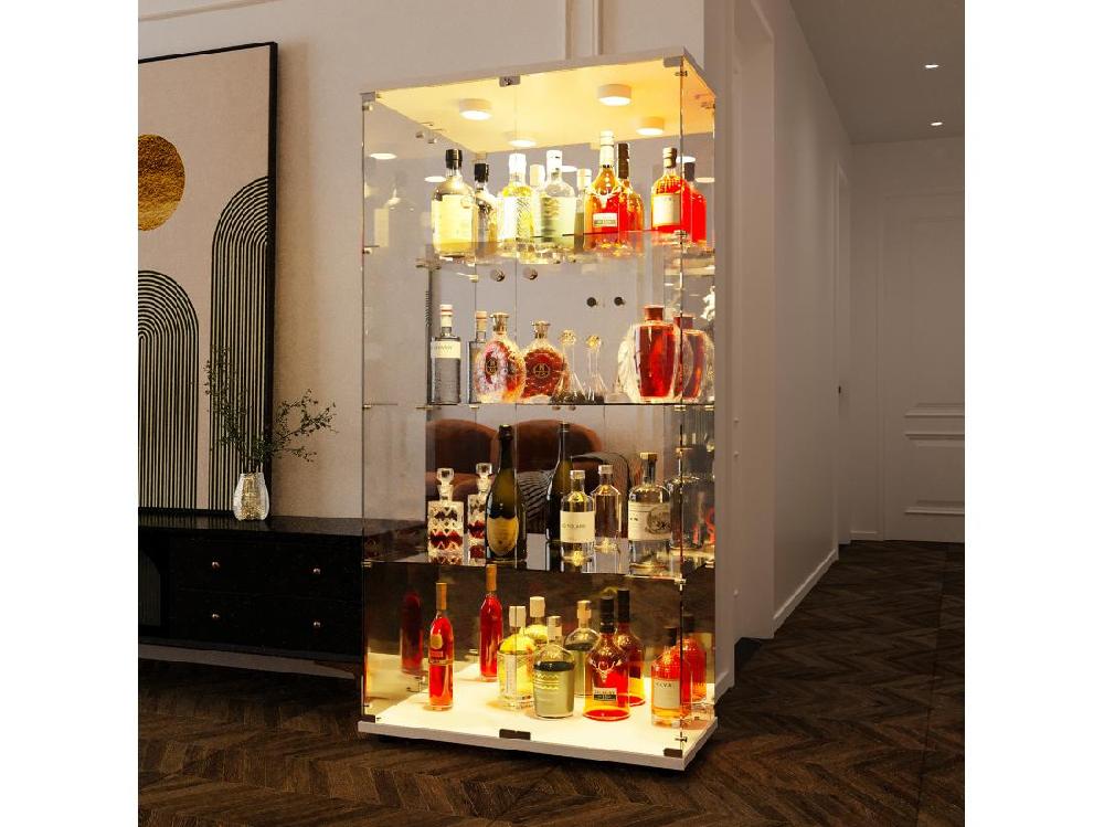 Vente Unique Vitrine En Verre 163.9 X 36.49 X 80.49 Cm Avec étagères Et éclairage LED Armoire De Curiosités à Double Porte