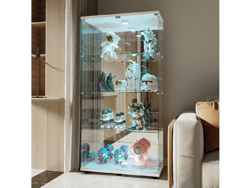 Vente Unique Vitrine En Verre 163.9 X 36.49 X 80.49 Cm Avec étagères Et éclairage LED Armoire De Curiosités à Double Porte